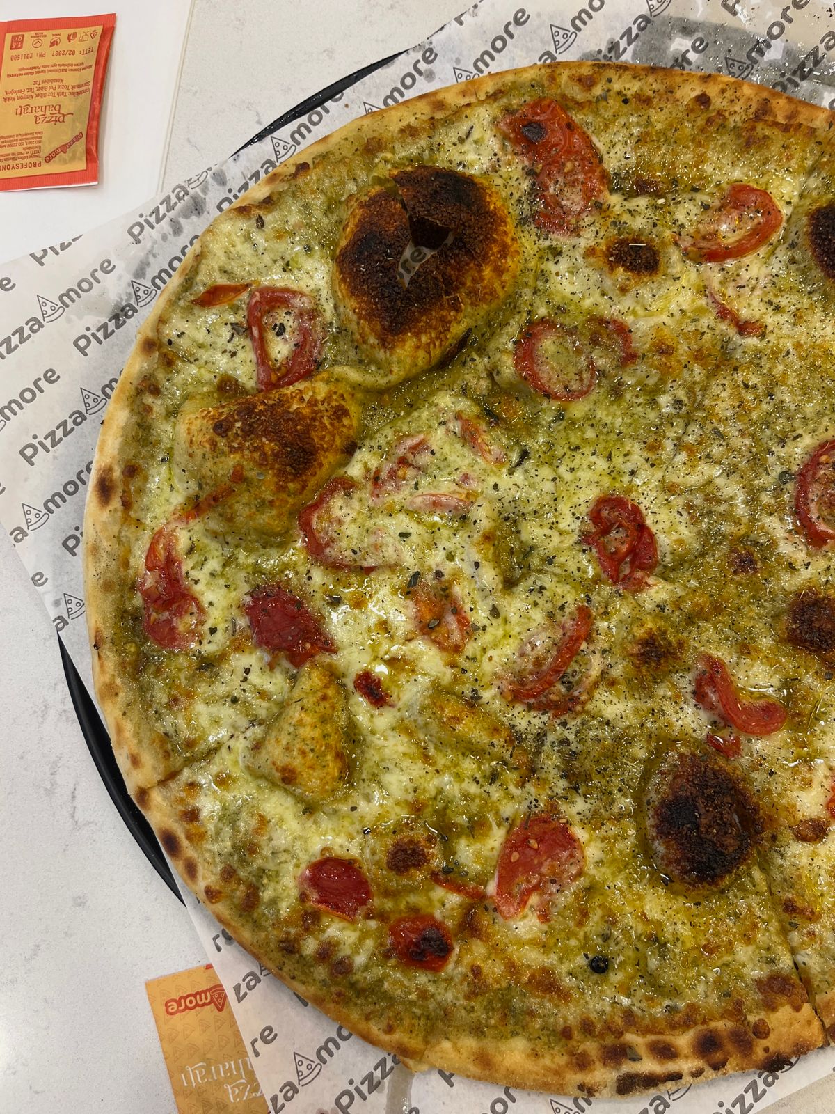 Tomato, basil and mozzarella pizza; illustrative flatbread topping